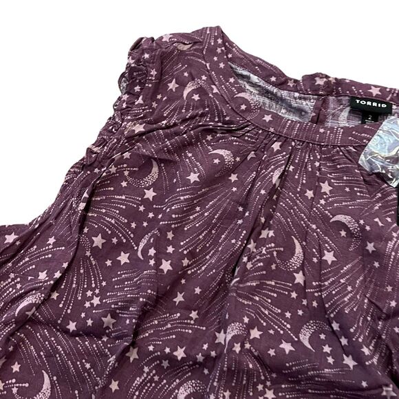 Torrid Women 1X 14/16 Purple Stars Ruffle Mock Neck Tank Stretch Rayon - Picture 2 of 5